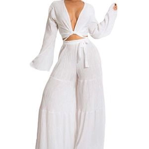 Halfword Two Piece Outfits for Women Flare Sleeve Crop Top Wide Leg Pala…